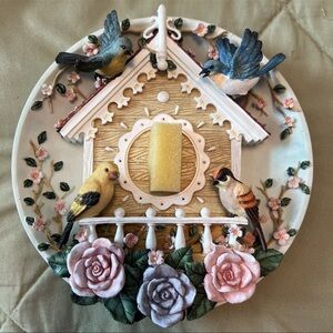 Charming Porcelain Birdhouse Wall Clock with 3D Floral Accents & Stand - NIB